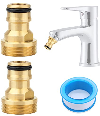 Bahan alamy 2 Stück Universal Wasserhahnanschluss für Mischbatterie + PTFE Dichtband 5M, Schlauchadapter Wasserhahn Adapter Schlauchkupplung Schnellkupplung Gartenschlauch Anschluss (Gold)