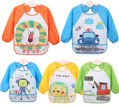 Yealoo 5PCS Baby Lätzchen mit Lange Ärmeln,Kinder Lätzchen Wasserdicht,Baby Ärmellätzchen für 6-36 Monaten (Blau)