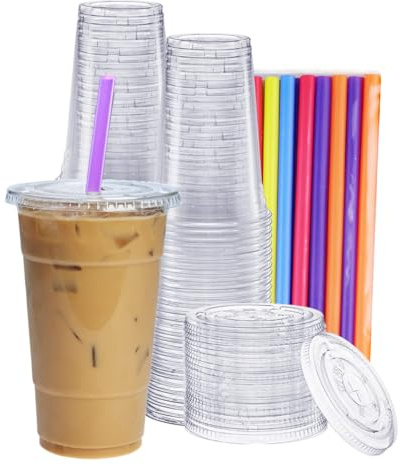 GUSTO [24 oz. - 100 Count Clear Cups with Flat Lids & Straws - Disposable Clear Drinking Cups for Iced Coffee, Cold Drinks, Milkshakes, and Smoothies - Formerly Comfy Package