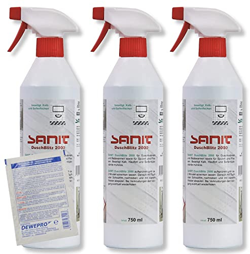 DEWEPRO-Set: SANIT DuschBlitz 2000 (3015) - 3 Flaschen à 750ml - beseitigt mühelos Kalk, Hautfett und Seifenrückstände auf Duschkabinen, Fliesen und Wannen, inkl. 1 St. DEWEPRO® Single Scrubs