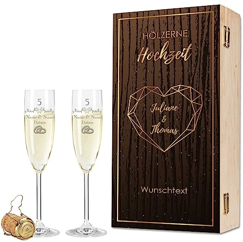 Leonardo Flûtes à champagne avec gravure – Mariage en bois 5 ans – Personnalisable avec nom et date avec boîte en bois – Cadeau de mariage, fiançailles, anniversaire – Couleur : champagne