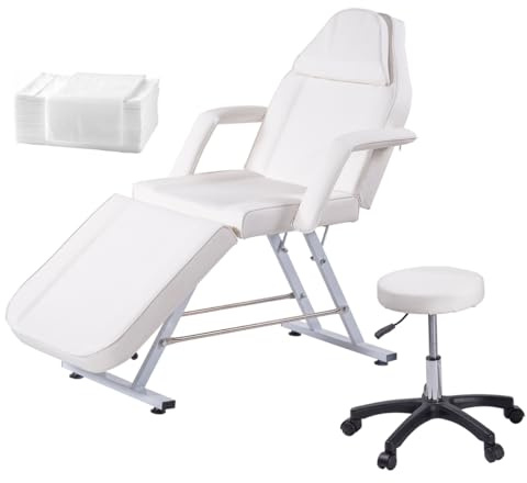 BSTSEL Beauty Bed With Stool 3 Section Adjustable Massage Table And Stool Massage Bed Tattoo Chair With 10 x Covers Removable Armrests Headrest Salon Lash Table For Spa Salon (White)