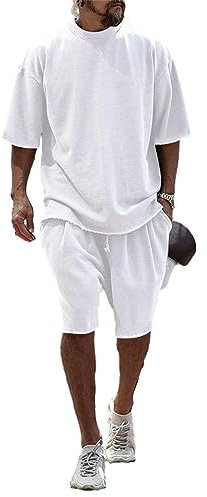 Sportshirt Herren Sommer 2-Teiliges Set Regular Fit Kurzarm Set Einfarbig Casual Shirt Herren Komfortabel Rundhals T-Shirt Outdoor Jogging Shorts Herren H-White1 XXL