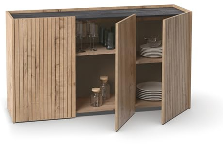MUEBLES PITARCH | Aparador Salón Comedor, Buffet, Mueble Auxiliar, 3 Puertas, Negro y Roble Gold, Listones serigrafía, 80x140x40cm, Despensa, Cocina, Despacho, Moderno, Modelo Irati