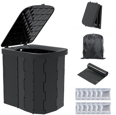 Hapoon XL Portable Folding Camping Toilet - Travel Potty for Adults, 12 Toilet Bags, 12 Pack Liquid Waste Gel, Black