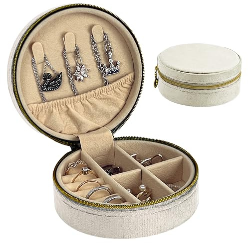 HomeGadget Estuche de viaje para joyas - [regalo ideal para mujeres] - Caja redonda de terciopelo con cremallera - Organizador de joyas - Blanco