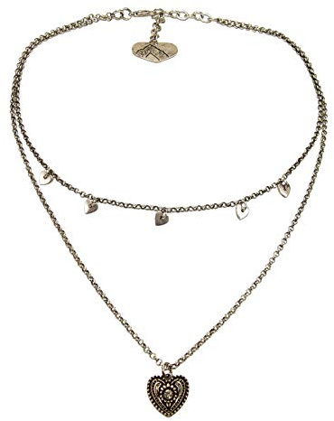 Heimatflüstern Collana tradizionale con cuori e cuore tradizionale – Collana in metallo con cuori, collana da donna Dirndl in pelle, per Oktoberfest, bigiotteria, Zinco
