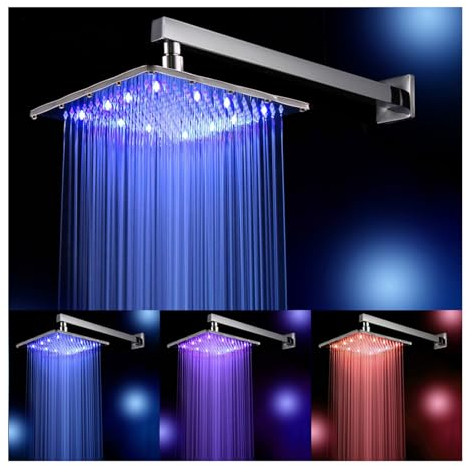 SWHC 10 Zoll Led Duschkopf Regendusche, Edelstahl Kopfbrause Regendusche Mit Selbstreinigenden DüSen, Farbewelchseln Nach Temperatur, Duschbrause, Installierbar An Der Wand Oder Decke, Chrom