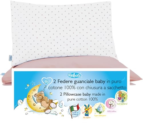4BABIES-Kissenbezüg 40x60 Kinder - 2er Set Kopfkissenbezug mit Beutelverschluss 100% Reiner Baumwolle -Made in Italy- ÖEKO-TEX Zertifiziert - Rosa Tupfen