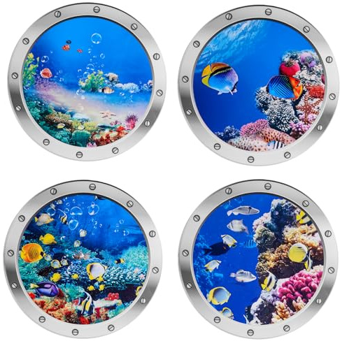 Décalcomanie murale 3D Monde sous-marin, 4 Pcs Décoration murale de salle de bain motif hublot, Autocollant mural pour salle de bain Images hublot Monde sous-marin (Lila)