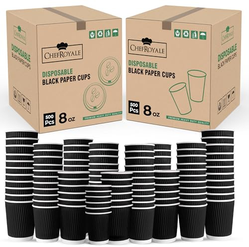 CHEF ROYALE 500x 8oz - Blalck Premium Kraft Triple Walled Disposable Coffee Cups Without Lids Paper Ripple Cups (Black, 8oz)