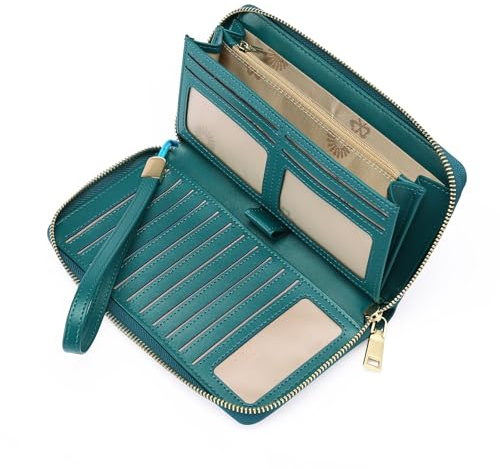 GOIACII Geldbörse Damen Groß RFID Schutz Leder Portemonnaie für Damen Große Kapazität Brieftasche mit Abnehmbare Handschlaufe Blau