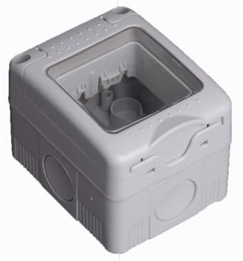 Caja de superficie estanca para 2 módulos, con tapa de plástico, protección IP55, ideal para instalaciones eléctricas en exteriores.