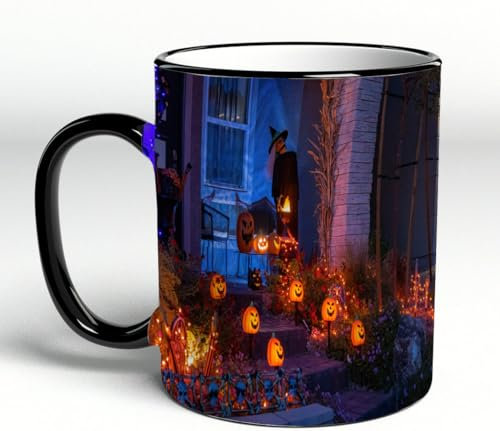 YOIUE Tasse aus Keramik - Große 11oz Tassen 330ml Kaffeetassen mit Henkel, 100% Handbemalt - Trinkgläser mit Griff - Weiß,Nachtansicht eines Hauses mit Halloween-Dekoration in Las Vegas