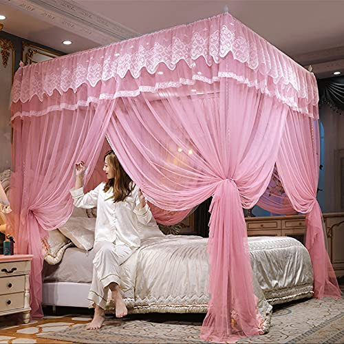Moskitonetz für Betthimmel, Einzel- bis Kingsize-Größe, Prinzessinnen-Bettbezug, Vorhang, Netzbettwäsche, quadratische Oberseite mit Spitze für Jungen und Erwachsene (Farbe: Rosa, Größe: 1,