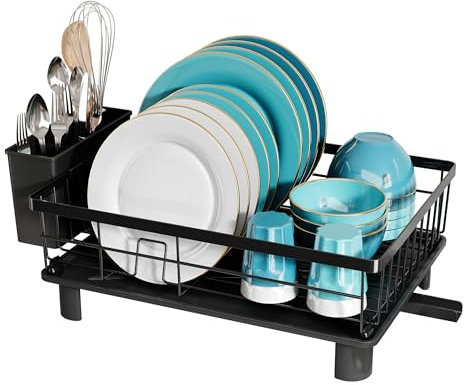 MAJALiS, Escurridor de Platos, Escurreplatos de Cocina de Acero Inoxidable con Soporte para Utensilios, Escurridor de Platos Negro con Drenaje