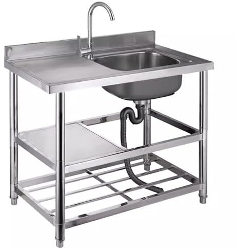 Fregadero de acero inoxidable de un solo tazón con grifo de agua fría y caliente, con protector contra salpicaduras, lavabo de uso general con estantes de almacenamiento en el banco de traba
