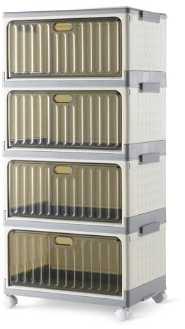 Amazon Basics Contenedores de Almacenamiento Apilables con 4 Niveles y Ruedas, 21,7L por Nivel, Contenedores Plegables y con Tapas, 82.6 x 39.1 x 27.2 cm, Gris/Beige