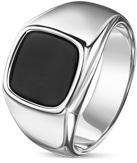 DJADEE Esther Herren Ring Silber Edelstahl Weißgold beschichtet, 18 Karat vergoldet, mit Onyx Stein schwarz, Wasserfest, Nickelfrei, Langlebig, Geschenk für Mann