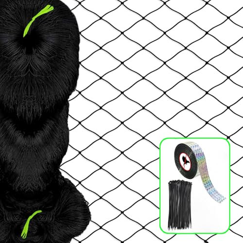 LUKYLUM Filet de protection contre les oiseaux - 15 x 15 m - Maille fine de 2,5 cm - Avec bande anti-oiseaux - Filet de bassin pour arbres fruitiers - Filet pour enclos à poules, balcon, toit