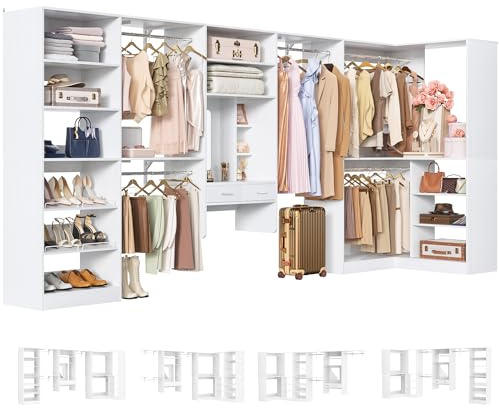 Unikito Closet System with Vanity Desk, 156”Modular Corner Closet Organizer System with Hanging Rods & Adjustable Shelves, Freestanding Wood Wardrobe Organizer, Sturdy Walk in Closet Tower, White