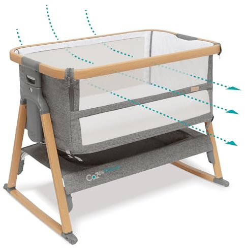 Tutti Bambini CoZee® Breeze Plus - Next To Me Crib & Standalone Baby Cot - Max Ventilation, Rocking Bars - 60-Second Assembly, Adjustable Height, Foldable, Mattress Included 0-6 Months - Oak/Charcoal