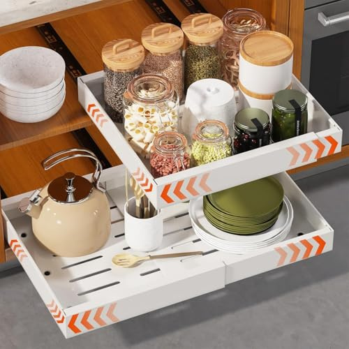 HASA zone Ausziehbare Schublade Küche mit Nano-Klebefolie, 42CM Tiefe Teleskopschublade,Schrank Organizer Ausziehbar, Einstellbare Breite 32-48cm (Weiß)