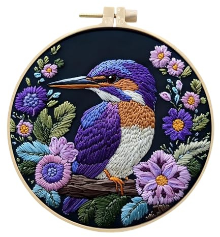 InteDesign Embroidery Kits for Beginners, DIY Embroidery Starter Kit with Flowers Bird Pattern Instruction,Bamboo Hoops, Threads and Needles (Style 1)