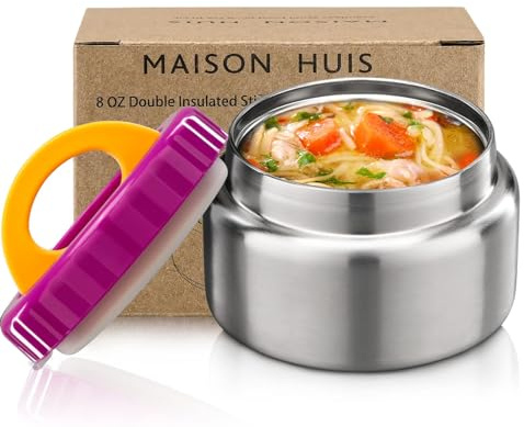 MAISON HUIS 8oz Soup Thermo Wide Mouth Vacuum Insulated Thermo Jar, Leak Proof Stainless Steel Food Container for Hot&Cold Food Kids Lunch Soup for School Travel (Purple)