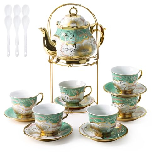 20 Pcs Porcelain Tea Set with Metal Holder, Ceramic Tea Cup Set Service for 6, Flower Tea Set for Women Adults, 1100ML Teapot,220ML Teacup, Tea Gift Sets for Home Party Wedding (Green)