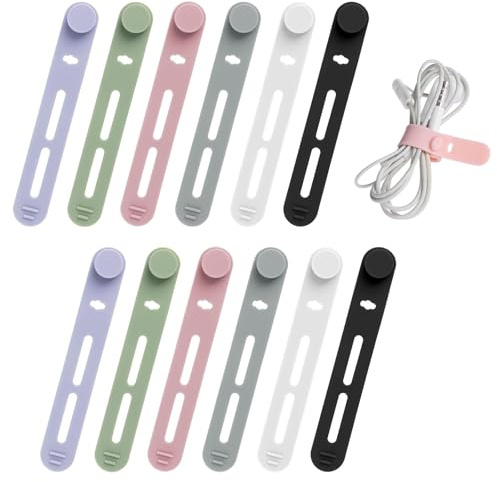 12 Pcs Silicone Cable Ties Silicone Cable Straps, Reusable Zip Ties Cable Cord Organizers Adjustable Elastic Wire Tidy for Phone Earphone Cable Computer Wire in Home Office(6 Colors)