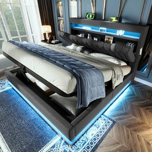 SURUEO 5ft Upholstered King Bed Frame with Storage | LED Lighting Headboard with USB Type-C Charging Ports | Hydraulic Lift Up Ottoman Bed, Grey Linen Fabric, Metal Slatted Base | No Mattress
