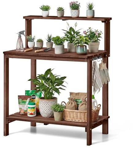 VEVOR Table de Rempotage à 3 Niveaux Table de Jardinage d'Extérieur pour Plantation Terrasse Jardin, avec Étagère de Rangement, Plan de Travail Spacieux en Bois de Sapin 91x49,5 cm, Crochet, Marron