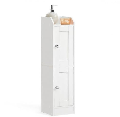 VASAGLE Siren Kollektion - Badezimmerschrank schmal, Badschrank, Eckschrank, verstellbare Ablagen, Hochschrank Bad, Türen nach Links oder rechts öffnend, Landhausstil, wolkenweiß BBK312WB02