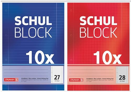 Generisch BRUNNEN Schulblöcke Sparpack BRUNNEN 10x Liniert und 10x Kariert mit Rand 50 Blatt A4 plus 1 Kugelschreiber von Onkel Schwerdt