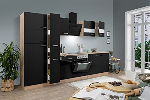 respekta Cuisine encastrable 300 cm chêne Sonoma Brut de sciage Noir avec réfrigérateur-congélateur et Plaque vitrocéramique