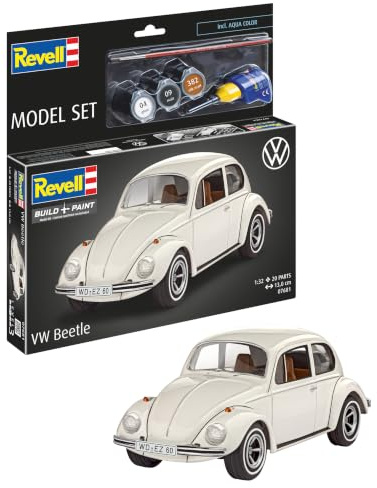 Revell Model Set 67681 VW Beetle 1:32 Scale Unbuilt/Unpainted Plastic Model Kit with Contacta Professional Glue, Paintbrush & Selected Aqua Color Paints