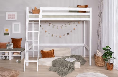 TiCAA extra Hochbett, Kinderbett Spielbett mit Treppe aus Kiefer Massivholz Bettgestell 90 x 200