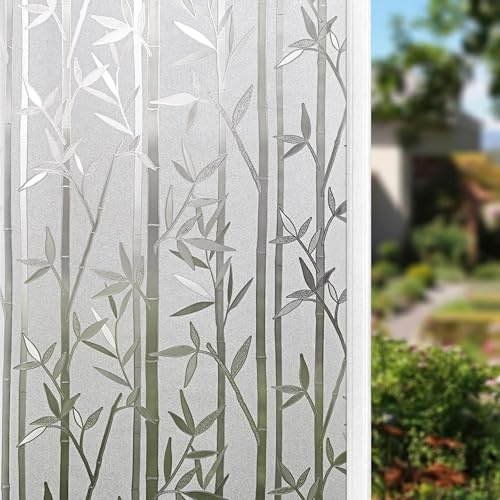 Finnez Frosted Bamboo Window Privacy Film, Static Cling No-Glue Decorative Film for Glass Doors and Windows, Removable and Reusable, Easy to Install, 17.5 x 78.7 inches