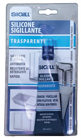 SIGILL, Silicone Sigillante con Chiavetta Stringi Tubetto e Beccuccio Dosatore, Resistente alle Muffe e ai Detergenti, Rapido, Elastico e Forte, Colore Trasparente, Tubetto da 60 ml