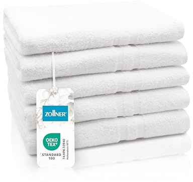 ZOLLNER 5er Set Duschtücher in 70x140 cm - Flauschige Badehandtücher aus Baumwolle - mit moderner Streifenbordüre - waschbar bis 95°C - mit praktischem Aufhänger - in weiß - Hotelqualität