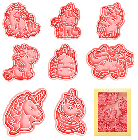 Emporte Piece Licorne, 8pcs Moule Biscuit Set, 3D Emporté Pièce Patisserie Enfants, Moule à Cookie en Plastique, Biscuit Cutters Unicorn pour Fondant, Décoration de Gateau
