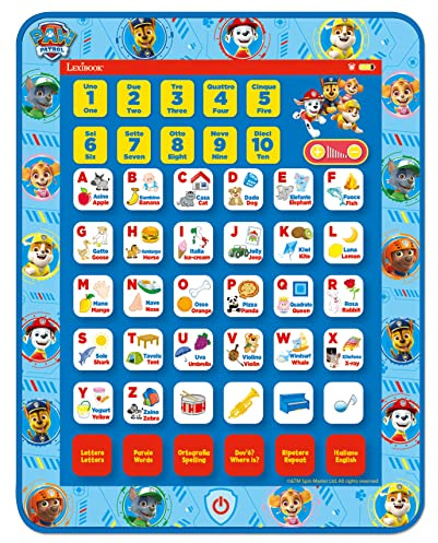 LEXIBOOK JCPAD002PAi5 Paw Patrol Educativa Bilingüe Interactiva Tablet, Juguete para Aprender Letras Alfabeto Números Palabras Ortografía y Música, Idiomas Inglés/Italiano, Azul