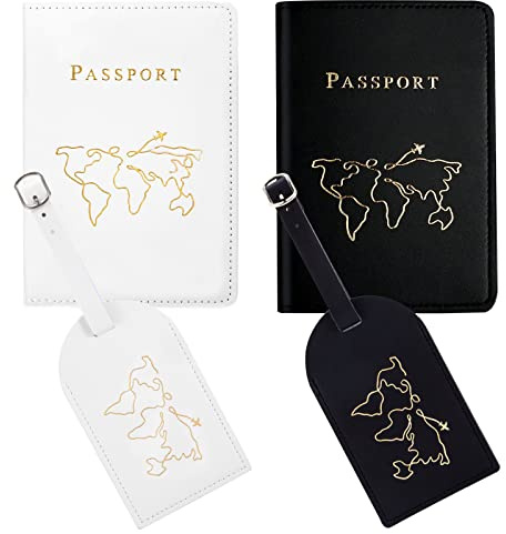 Couvertures de Passeport et Étiquettes à Bagages, 2 x Protege Passeport Cuir et 2 x Étiquette Valise Porte-Passeport pour Femmes Hommes Cadeau de Lune de Miel pour Couples (Noir+Blanc)