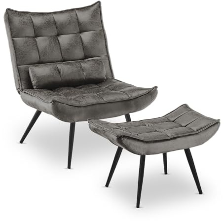 MCombo Sessel mit Hocker, moderner Relaxsessel mit Taillenkissen für Wohnzimmer, Retro Vintage Lesesessel Loungesessel Stuhl Polstersessel (Dunkelgrau-Mikrofaser)