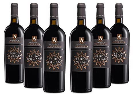 Feudo Apuliano Primitivo di Manduria DOP, Rotwein mit Vollmundigem Geschmack, Warm mit Umhüllendem Abgang, mit Noten Reifer Früchte, 14,5 % Vol., Karton mit 6 Flaschen mit jeweils 750 ml