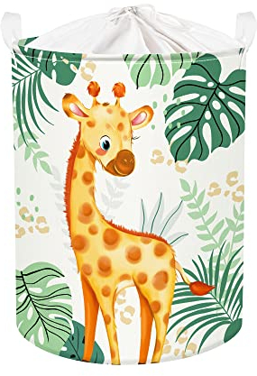 Clastyle 45L Niedlich Grün Wäschekorb Baby mit Giraffe, Vögel - Waldtiere Blätter Rund Wäschekorb Faltbar - Perfekt Aufbewahrungskorb Kinderzimmer zum Aufbewahren von Spielzeug, 36x45 cm