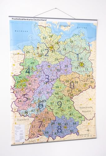 GeoMetro Postleitzahlenkarte von Deutschland, 84 cm x 114 cm, DIN A0, Metallbeleistung zum Aufhängen, Wandkarte mit Laminierung, beschreibbar, abwischbar, reißfest