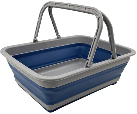 SAMMART 8L zusammenklappbarer Kunststoffkorb mit Griff- tragbarer Outdoor-Picknickkorb/Krater–Faltbare Einkaufstasche–platzsparender Aufbewahrungsbehälter (Grau/Nebel Blau(Wäschekorb mit Griff))