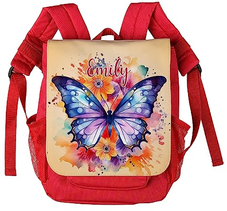 Striefchen® Roter Kindergartenrucksack Mädchen personalisiert mit Schmetterling und Name bedruckt Kindergarten Rucksack für Mädchen Kita Kinderrucksack
